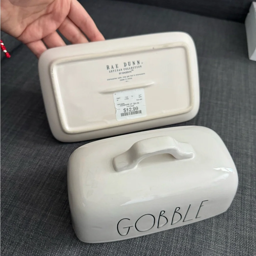 Rae Dunn White Butter Dish with GOBBLE Text